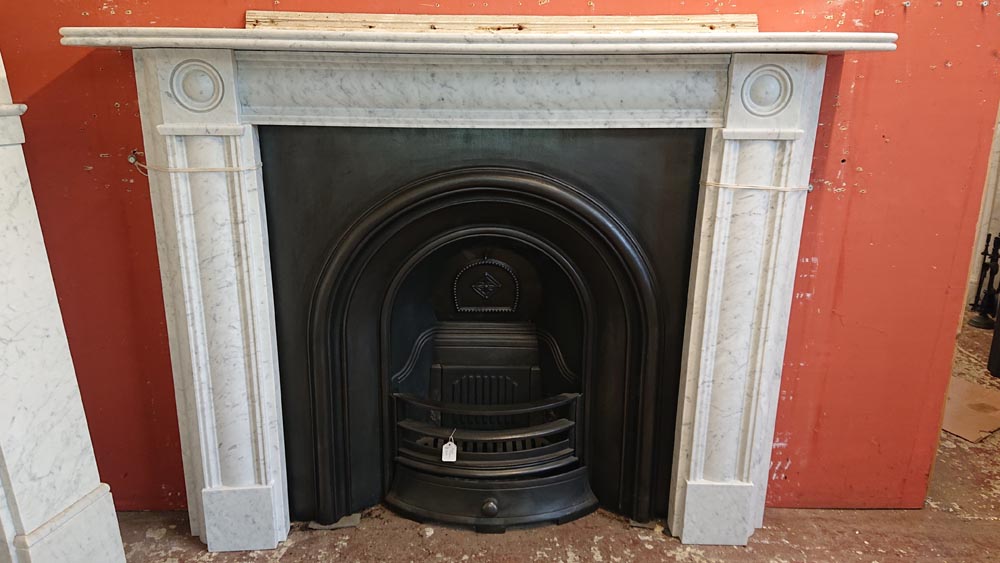 <p>Reproduction Regency Style Bullseye Marble Fireplace</p><p>Shelf 1473 mm x 228 mm</p><p>1080 mm high x 1320 mm wide</p><p>Internal opening 890mm wide x 915 mm high</p>